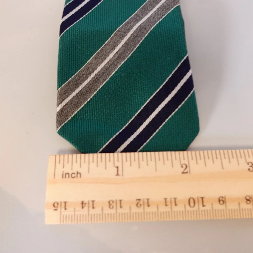 Skinny Tie Boy Green Repp Striped Regimental Dress Preppy Formal Clip On Necktie